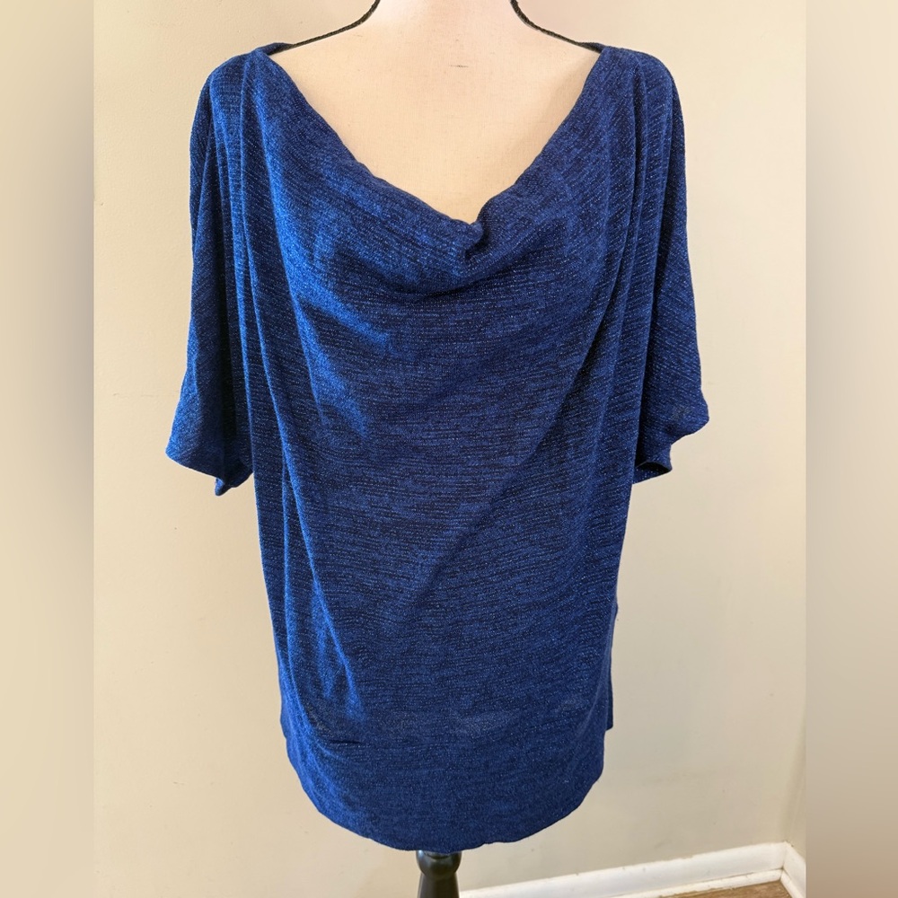 NY Collection sweater blue metallic dressy draped neck elbow length sleeves 3X
